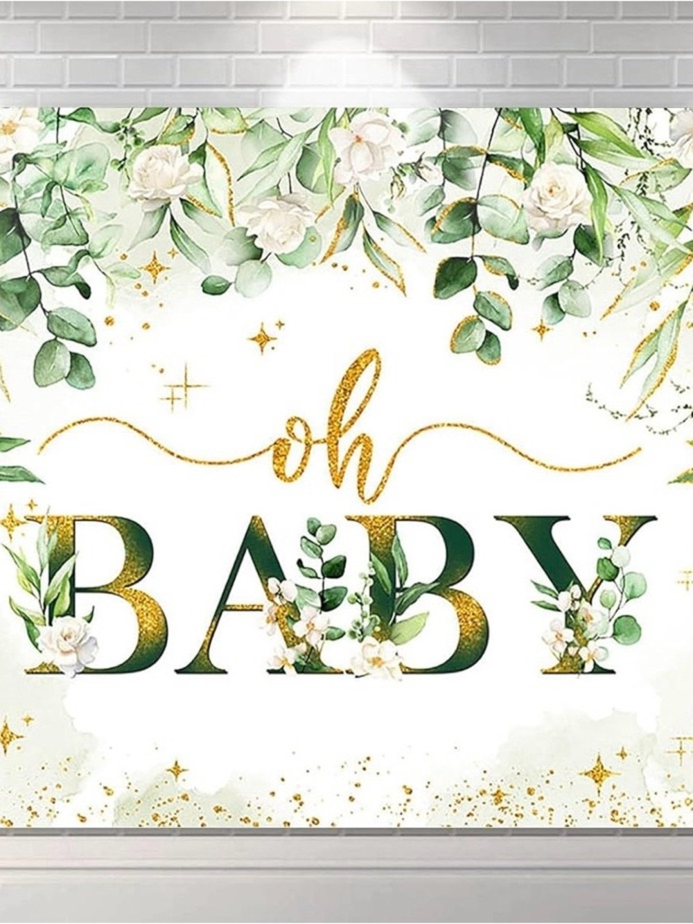 Oh Baby Party Backdrop - Green & Gold Floral